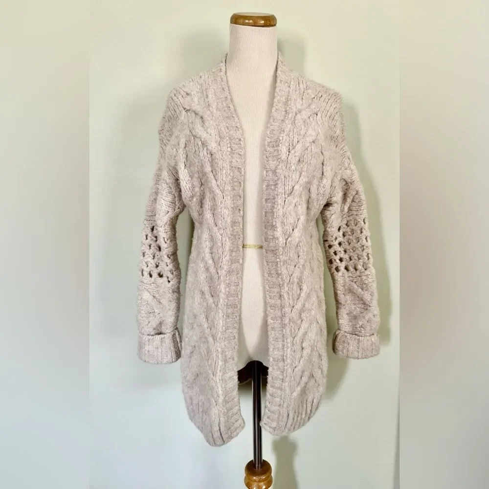 🆕 [I R O] “Air” Beige Cable Knit Wool Blend Long Cardigan Sz: S - Picture 11 of 11
